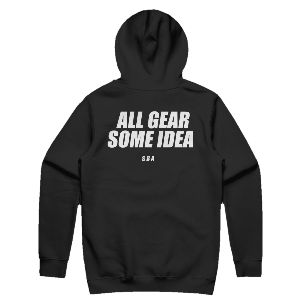 ALL GEAR SOME IDEA printed in white across the back of a black pullover hoodie. Street Bikes Addicts.