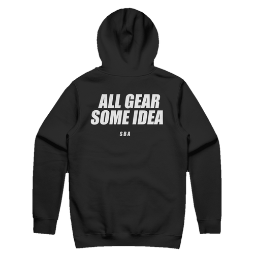 ALL GEAR SOME IDEA printed in white across the back of a black pullover hoodie. Street Bikes Addicts.