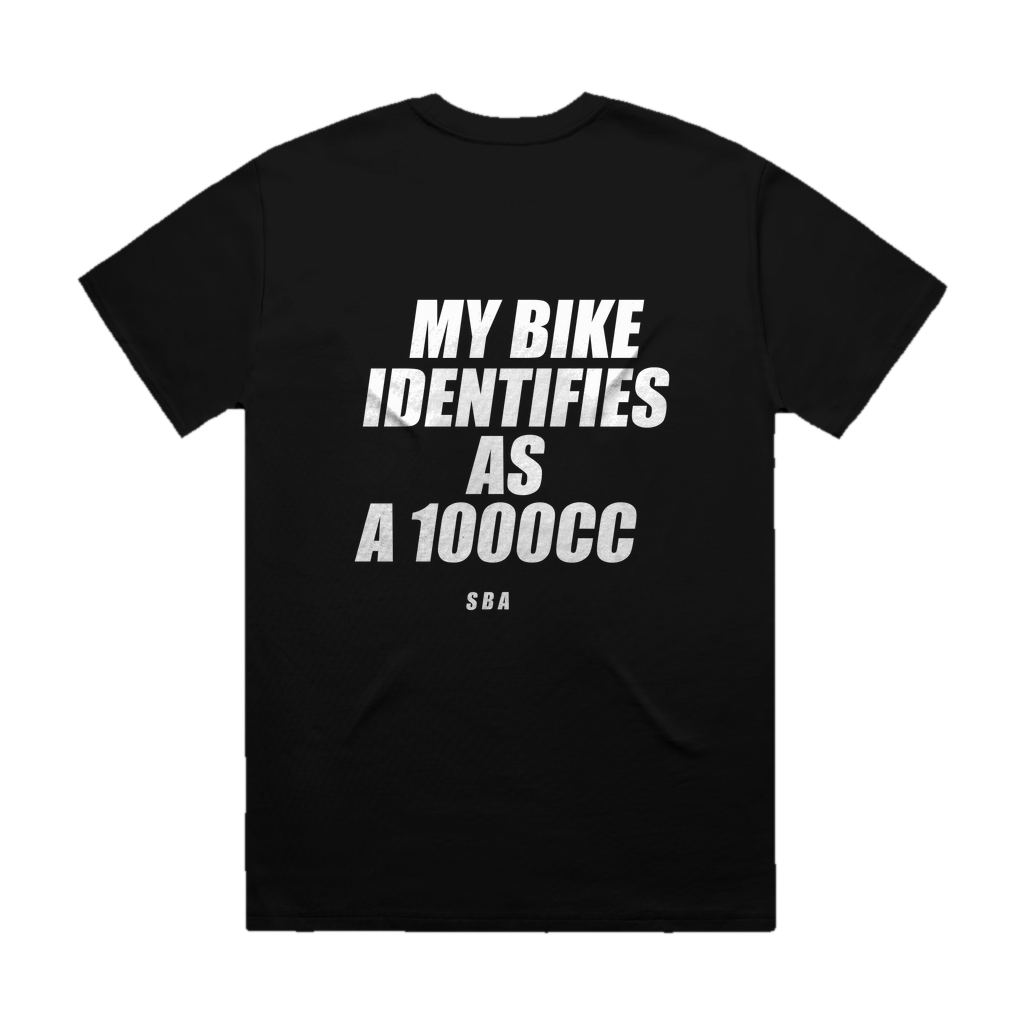 MY BIKE IDENTIFIES AS A 1000CC printed in white across the back of a black heavyweight boxy tee. Street Bikes Addicts.