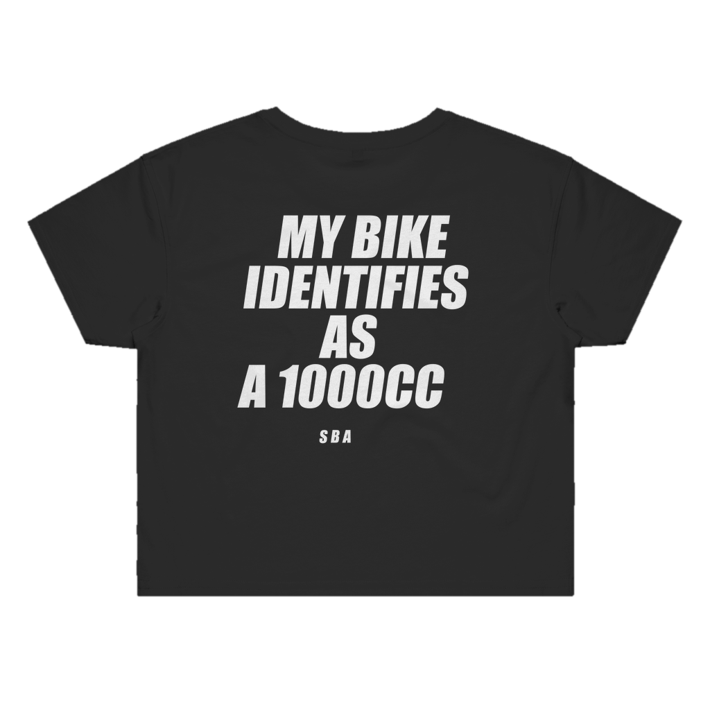 MY BIKE IDENTIFIES AS A 1000CC printed in white across the back of a black womens crop tee. Street Bikes Addicts.
