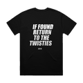 IF FOUND RETURN TO THE TWISTIES printed in white across the back of a black heavyweight boxy tee. Street Bikes Addicts.