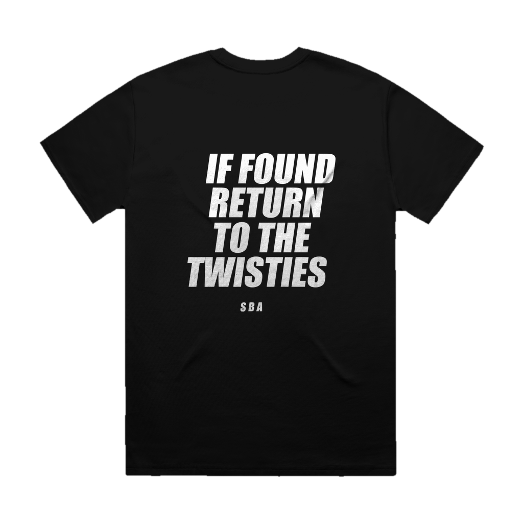 IF FOUND RETURN TO THE TWISTIES printed in white across the back of a black heavyweight boxy tee. Street Bikes Addicts.
