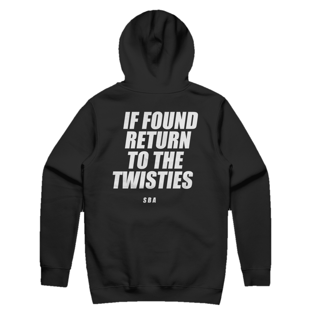 IF FOUND RETURN TO THE TWISTIES printed in white across the back of a black pullover hoodie. Street Bikes Addicts.