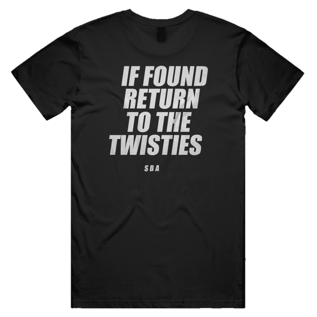 IF FOUND RETURN TO THE TWISTIES printed in white across the back of a black unisex tee. Street Bikes Addicts.