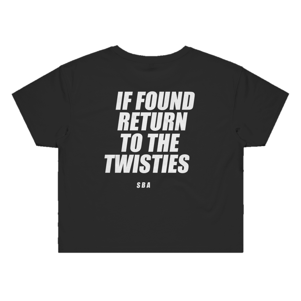 IF FOUND RETURN TO THE TWISTIES printed in white across the back of a black womens crop tee. Street Bikes Addicts.